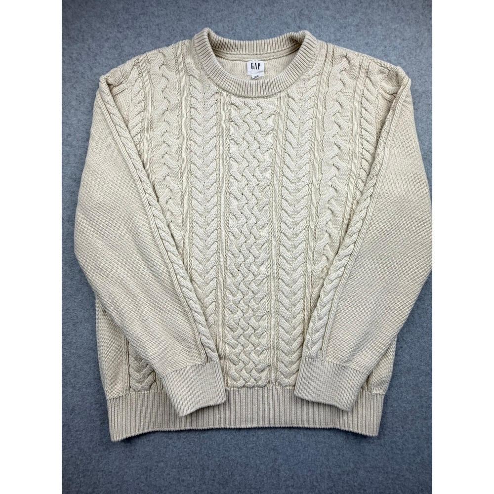 Gap Mens Large Cream Beige Cable Knit Cotton Crewneck Sweater Academia Preppy